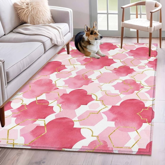 Pink Geometric Moroccan Area Rugs 4'x6', Washable Small Throw Rugs for Office Bathroom, Abstract Art Pink Ombre Modern Indoor Outdoor Rug Non-Slip Low Pile Carpet Runner Reversible Floor Mats