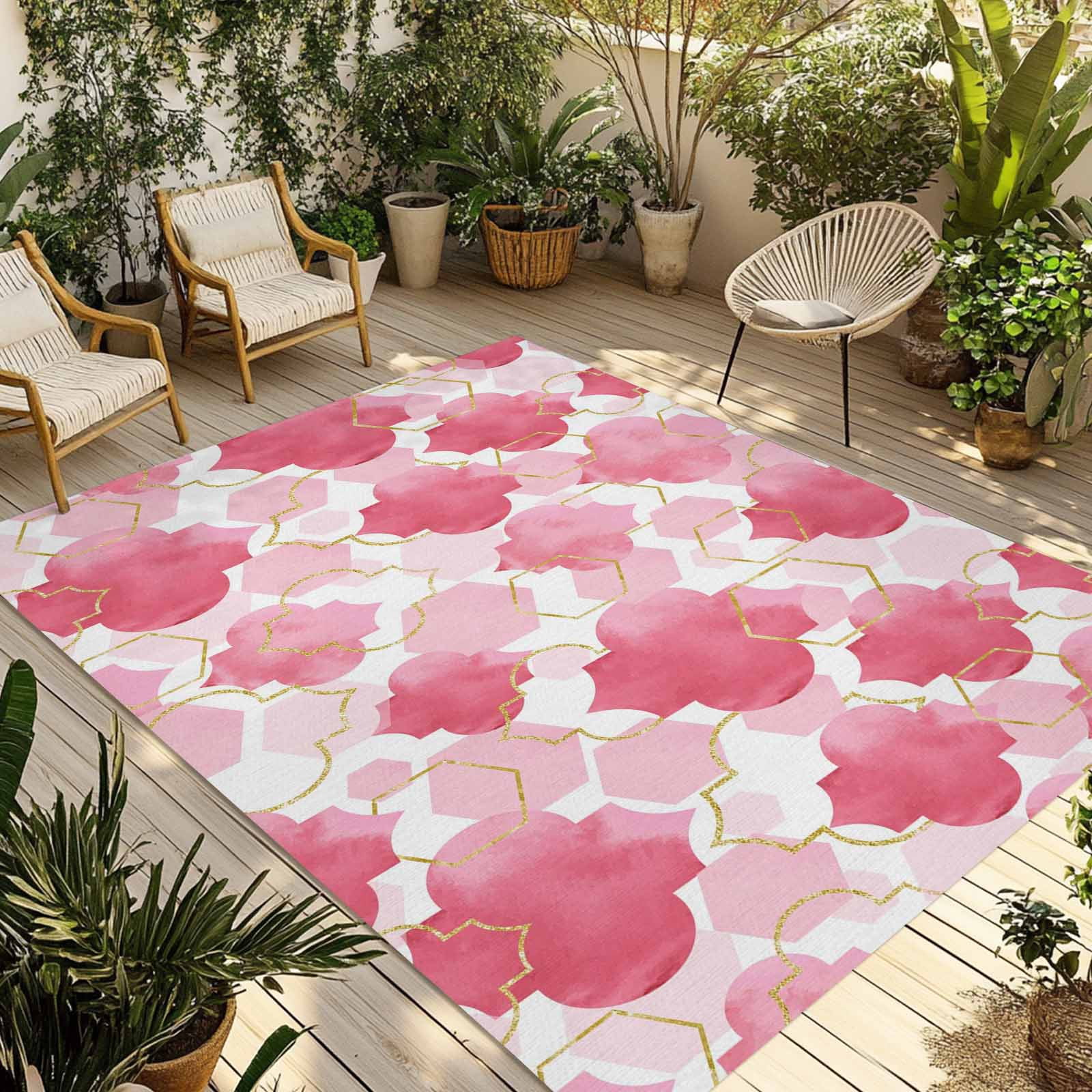 Pink Geometric Moroccan Outdoor Rug 3x5 Ft - Reversible Patio Rug