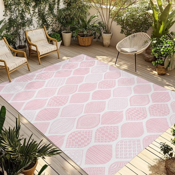 Pink Geometric Outdoor Rug for Patio/Deck/Porch, Non-Slip Large Area Rug 3 x 5 Ft, Morocco Modern Simple Abstract Aesthetic Indoor Outdoor Rugs Washable Area Rugs, Camping Rug Carpet Runner