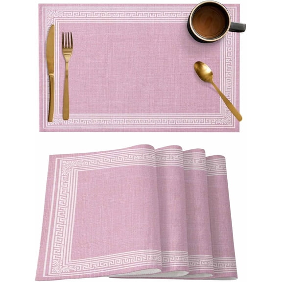 Pink Geometric Placemats Set of 2, White Greek Key Design Placemats for Dining Table, Burlap Place Mats for Kitchen Tabletop, Modern Art Waterproof Wipeable Dining Table Mats Set