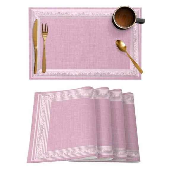 Pink Geometric Placemats Set of 4, White Greek Key Design Burlap Modern Art Placemats for Dining Table, Place Mats for Kitchen Tabletop, Waterproof Wipeable Dining Table Mats Set