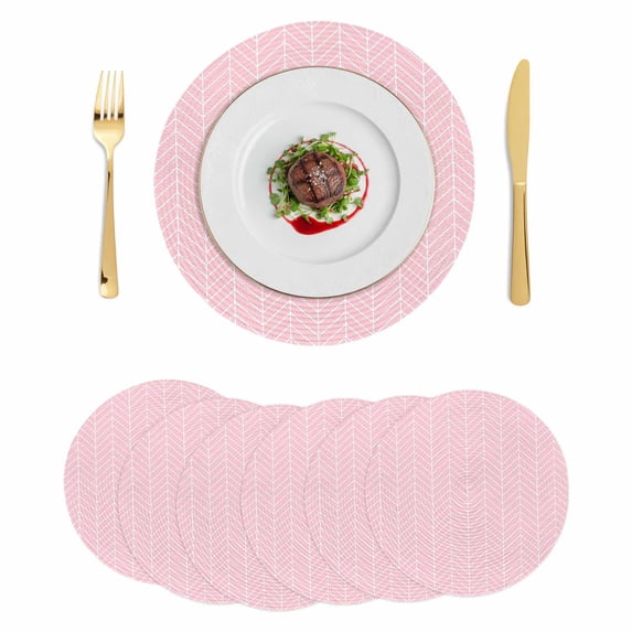 Pink Geometric Round 13 Inch Placemats Set of 6, Modern Minimalism Solid Color Striped HeatResistant Non Slip Place Mats for Dining Table, Wipeable Braided Kitchen Table Mats for Housewarming