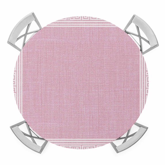 Pink Geometric Round Fitted Tablecloth with Elastic Edge, Waterproof Table Cloth Table Cover for 45"-54" Tables, White Greek Key Design Burlap Modern Art Tablecloths for Dining Picnic Indoor Outdoor
