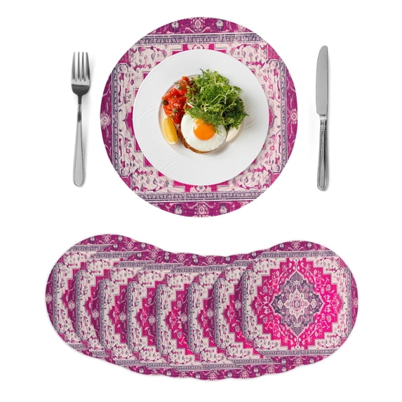 Pink Geometric Round Placemats Set of 8 for Dinning Tables,Heat-proof Braided Table Mats 13 Inch,Middle Century Boho Ethnic Abstract Southwestern Washable Place Mat for Kitchen Restaurant Party Table