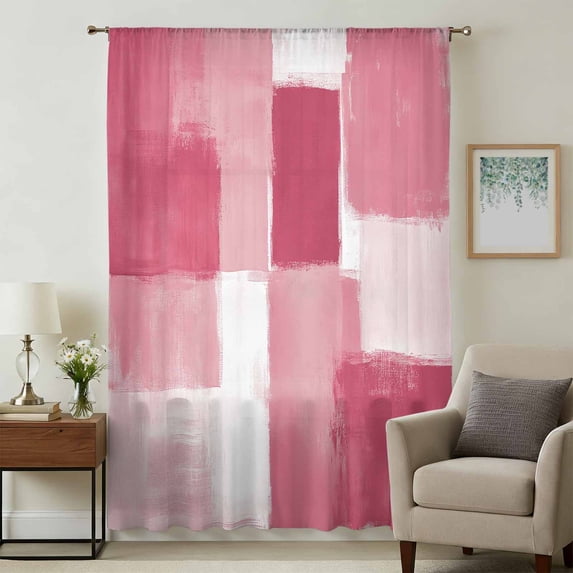 Pink Geometric Sheer Curtains 54 Inches Long, Watercolor Ombre Modern Abstract Art Light Filering Curtains, Breathable Simi Curtain Privacy Drapes for Kitchen Bathroom Nursery Small Window Treatment