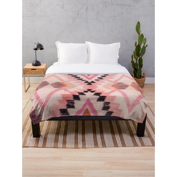 Pink Geometric Sherpa Throw Blanket, Moroccan Berber Inspired Tribal Pattern, Soft Polyester Fleece Blanket