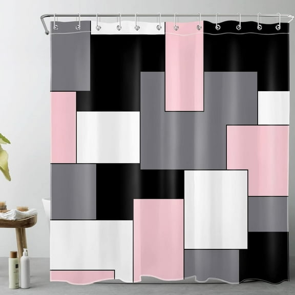 Pink Geometric Shower Curtain with Hooks,Grey Black and White Abstract Geometric Modern Shower Curtain for Bathroom,72X72 inches Mid Century Minimalist Bathroom Curtains Shower Set