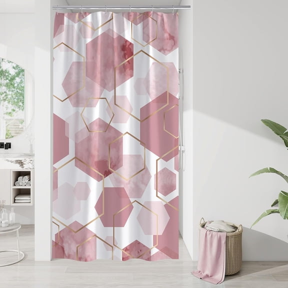 Pink Geometric Shower Curtain Watercolor Abstract Hexagon Gold Lines Bathroom Decor with Hooks 71x71 inches