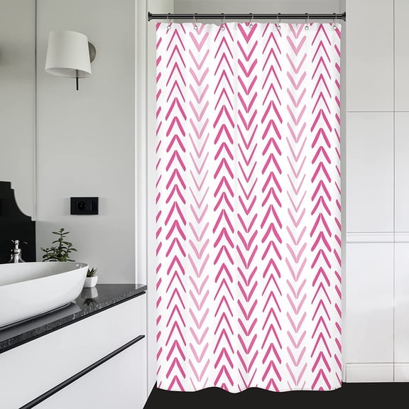 Pink Geometric Stall Small Half Size Dorm Shower Curtain 36x72 Inch Girl Girly Chevron Herringbone RV Single Narrow Tiny Walkin Stand Up Decor Fabric Bathroom Set Polyester Waterproof