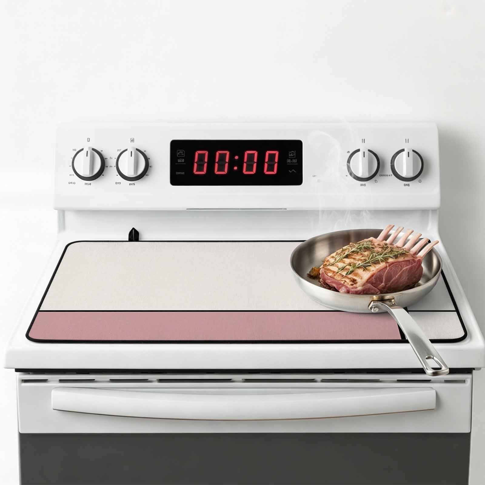 Pink Geometric Stove Top Cover for Electric Stove, Heat-proof & Non Slip Glass Top Stove Cover Protector, Modern Beige Color Block Black Lines Art Kitchen Flat Cooktop Rubber Mat 28.5x20.5 Inches