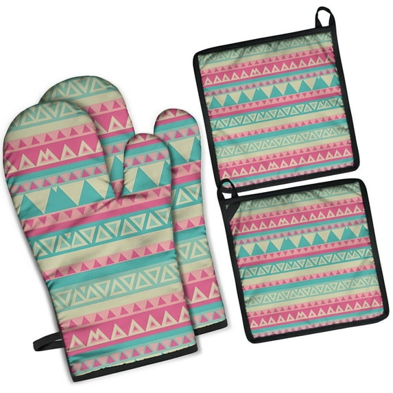 Pink Geometric Stripe Pattern Kitchen Oven Mitt and Pot Holder Sets 4 Pcs for Baking, Cooking and Grilling, Heat Resistant Up To 392 °F