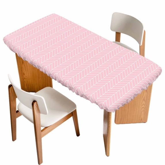 Pink Geometric Table Cloths for 6 Foot Rectangle Tables, Modern Minimalism Solid Color Striped Patio Waterproof Elastic Fitted Tablecloths, Washable Rectangular Table Cover for Camping