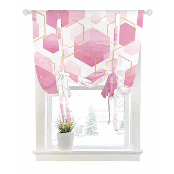 Pink Geometric Tie Up Curtains for Window, Thermal Insulated Balloon Shade Adjustable Rod Pocket Curtains Valance Panels for Kitchen Bathroom Cafe 52 x 63 Gold White Hexagon Modern Gradient