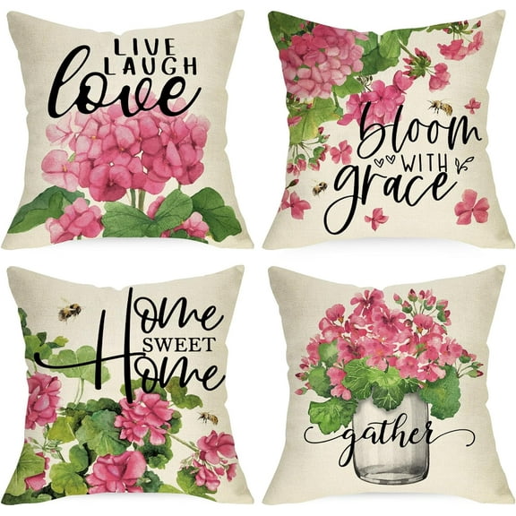 Pink Geranium Flower Decorative Throw Pillow Covers 16x16 Set of 4, Sweet Home Floral Mason Jar Spring Summer Cushion Case Decor, Bloom with Grace Live Laugh Love Home Decoration for Sofa Couch