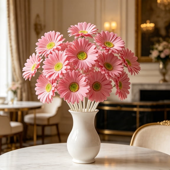 Pink Gerbera Flower, Real Touch Artificial Faux Daisy with Bendable Stalks, Soft Floral Arrangement, Sweet Decor for Home Wedding Party Vase Table Ornament, 15.16*3.35in