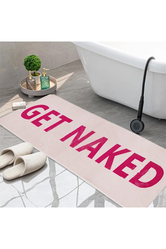 Pink Get Naked Bath Mat, Cute Long Hot Pink and White Runner Rug, Absorbent Non Slip Bathroom Mat, Funny Bathroom Decor for Bedroom Hallway Kitchen, Soft Plush Washable Shower Rug 16"×48"