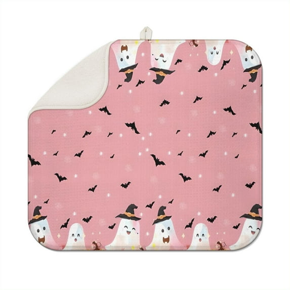 Pink Ghost Bat Halloween Pattern Dish Drying Mat for Kitchen 1 Pack, Ultra Absorbent Microfiber Dishes Drainer Mats,16x18in(41x46cm)