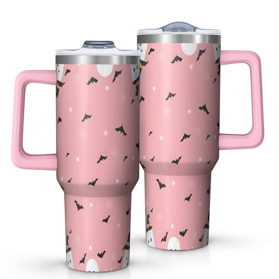 Pink Ghost Bat Halloween Pattern Tumbler with Handle and Lid,40oz Double Wall Vacuum Insulated Tumbler,Cups Gift for Women and Men