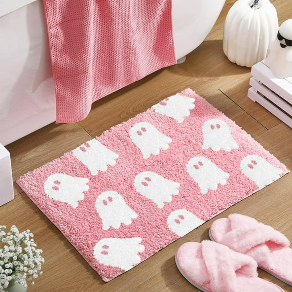 Pink Ghost Bath Mat Soft Halloween Bathroom Rug Non Slip Cute Spooky Ghost Bathroom Decorations Shaggy Plush Microfiber Rug Halloween Decor for Home Bedroom Shower Floor