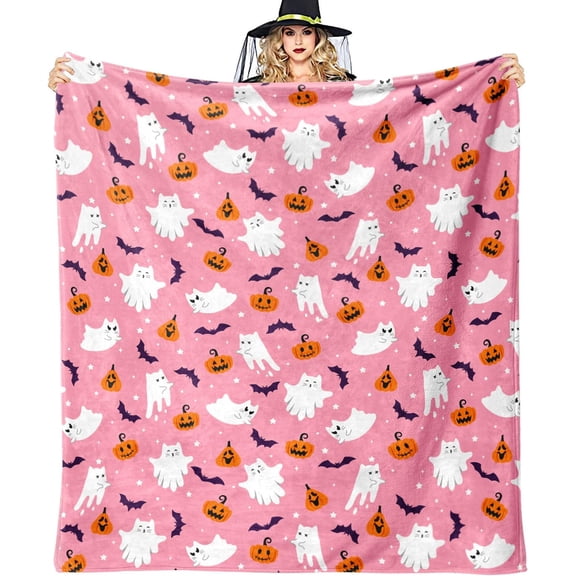 Pink Ghost Blanket for Kids Girls 50"x60", Cute Halloween Cat Throw Blanket, Soft Flannel Fleece Halloween Blankets and Throws Decor Gifts for Kids Women