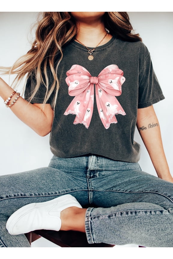 Pink Ghost Bow Coquette T-shirt, Halloween Ghost Shirt, Spooky Season Tee, Girly Halloween Coquette Bow Shirt