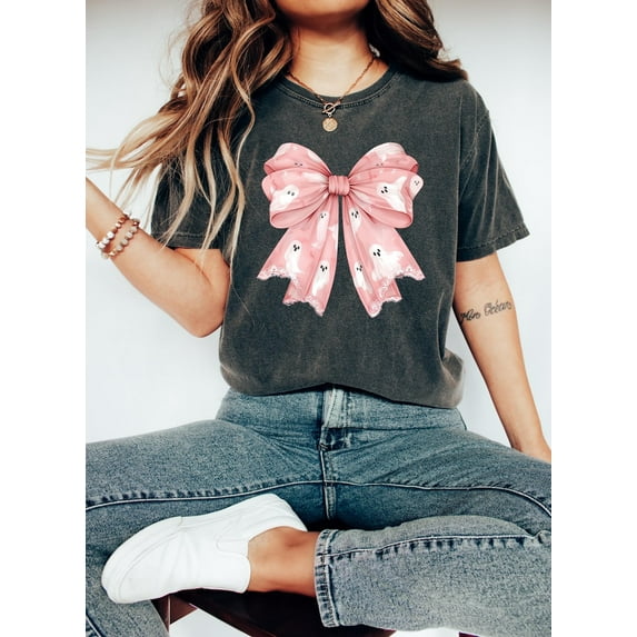 Pink Ghost Bow Coquette T-shirt, Halloween Ghost Shirt, Spooky Season Tee, Girly Halloween Coquette Bow Shirt
