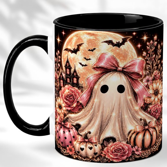 Pink Ghost Coffee Mug, Moon Bat Mug, Ceramic 11 oz