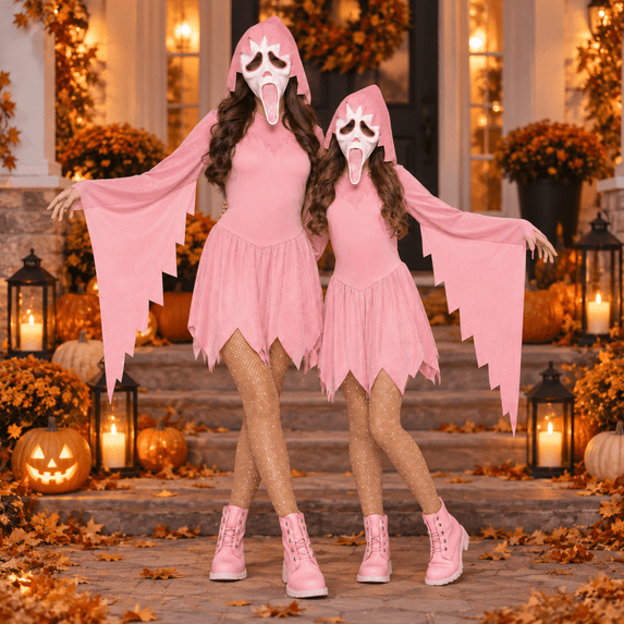 Pink Ghost Costume for Girls, Scary Hooded Pink Dress with Mask ...