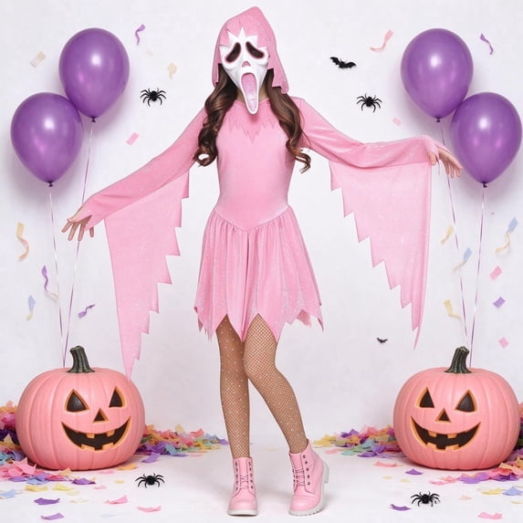 Pink Ghost Costume for Women, Pink Hooded Halloween Dress with Mask ...