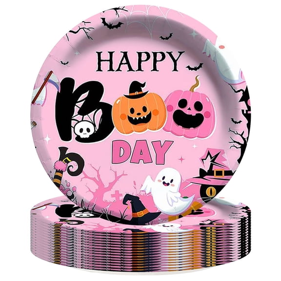 Pink Ghost Halloween Boo Paper Plates Birthday Party Supplies Decorations 16pcs Tableware Disposable Dinnerware