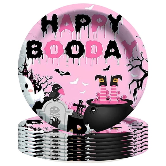 Pink Ghost Halloween Boo Paper Plates Birthday Party Supplies Decorations 8pcs Tableware Disposable Dinnerware