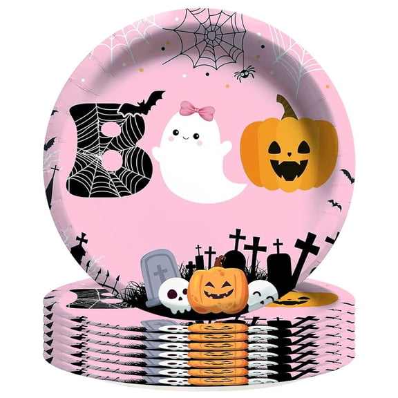 Pink Ghost Halloween Boo Plates Birthday Decorations Party Supplies Tableware Disposable Dinnerware 8pcs