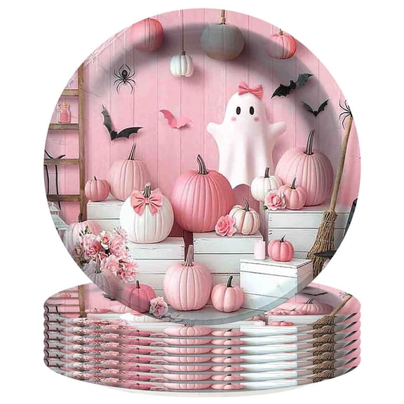 Pink Ghost Halloween Boo Plates Party Supplies Birthday Decorations Tableware Disposable Dinnerware 8pcs