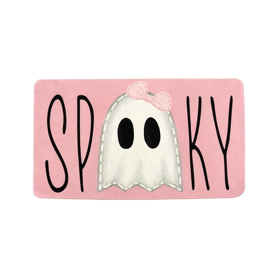 Pink Ghost Halloween Doormat, 24 x 16 in Cute Ghost Welcome Mat with Non Slip Rubber Backing, Front Door Rug for Porch Patio Entryway Fall Decor