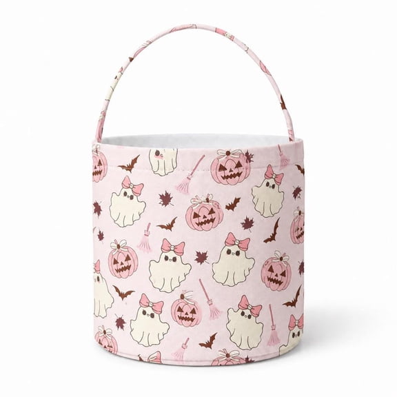 Pink Ghost Halloween Fabric Treat Basket, Cute Candy Holder with Handle, Fall Party Decor and Seasonal Gift