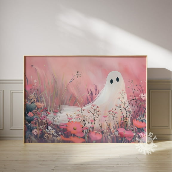Pink Ghost Print, Cute Ghost Wall Art, Ghost In Flower Field Art, Girly Halloween, Digital Print, Able Art Wall Art Decor For Home Office, 16x24 UNFRAMED