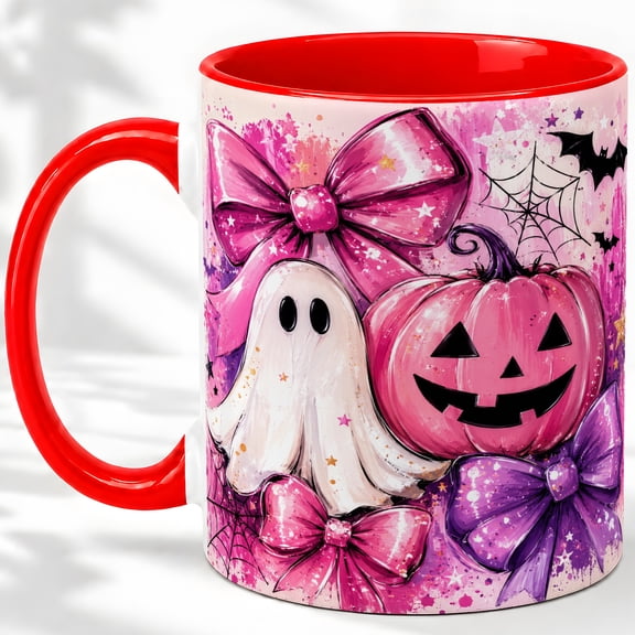 Pink Ghost Pumpkin Accent Mug, 11oz Ceramic Coffee Cup for Ghost Fans Ceramic mug featuring pink ghost, pink pumpkin, bows, bats, and spiderwebs