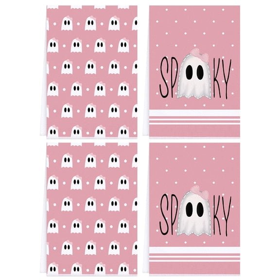 Pink Ghost Spooky Halloween Kitchen Towels Dish Towels, 18x26 Inch Bow Knot Decoration Hand Towels Set of 2