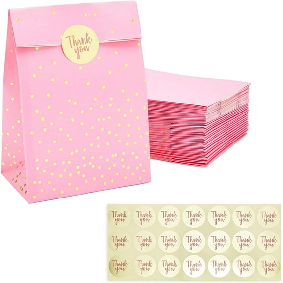 Pink Gift Bag, Party Favor Bags with Gold Stickers (5.15 x 8.6 in, 36 Pack)