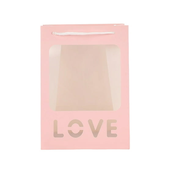 Pink Gift Bag With Transparent Window Tote Bag For Flower Bouquet Present Wrapping Party Favor Lightweight Paper 7.09X5.12X9.84In Size 0.08Lb Weight 1Pc