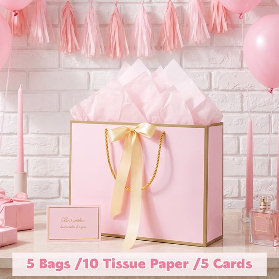 5 pcs Pink Gift Bags with Handles Tissue Paper and Cards for Party Favors