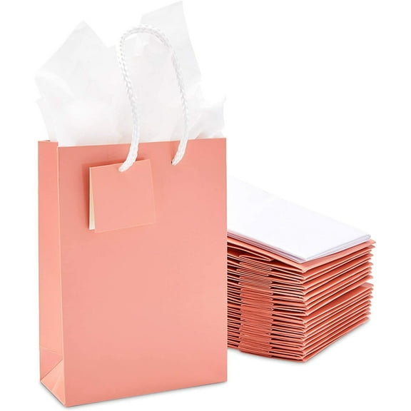 Pink Gift Bags with Handles, Tags, Tissue Paper for Birthday Party (8 x 5.5 In, 20 Pack)