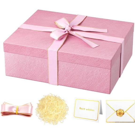 Pink Gift Box 16.5''x13''x5.5'' - Large Boxes with Lid for Presents Packaging, Birthday, Christmas, Wedding, Anniversary, Big Ribbon, Shred Filler, Card, Wax Seal (Pink)