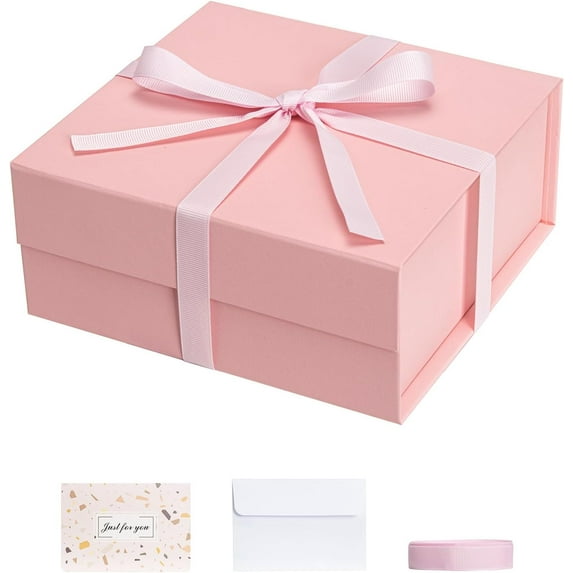 Pink Gift Boxes with Lids Pack of 1, 6x6x3 Inches Small Gift Box with Ribbon, Collapsible Gift Boxes with Magnetic Closure for Presents, Bridesmaid Proposal Box for Family Mom Girlfriend