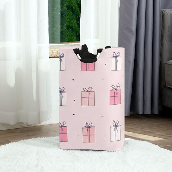 Pink Gift Boxes Pattern Foldable Laundry Hamper 12.6x11x22.7in with Handles for Bathroom Bedroom Storage