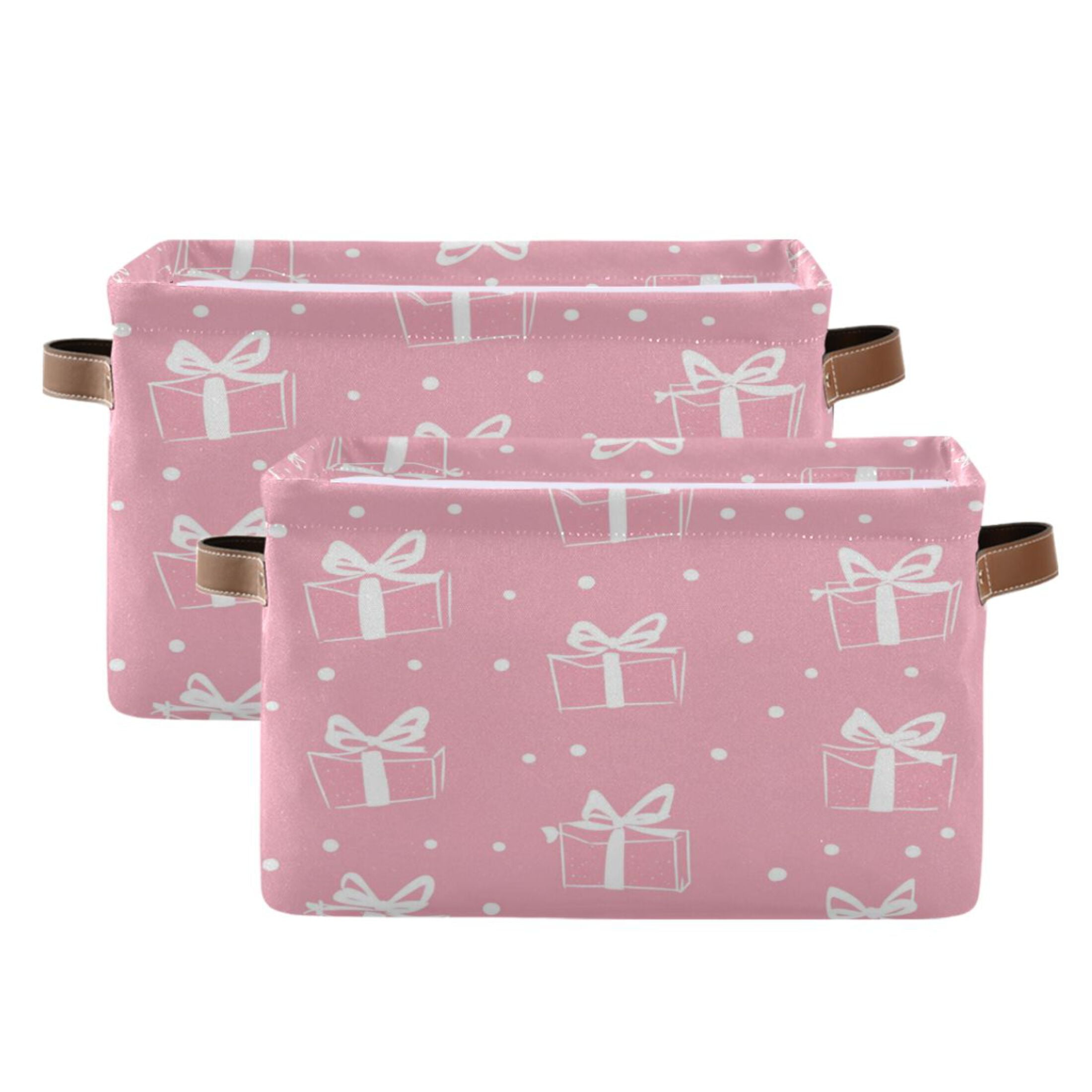 Pink Gift Pattern Foldable Storage Basket,Canvas Fabric Foldable Storage Bins with Handles Open Home Storage Bins Boxes for Toy Book Shelf Closet Baskets