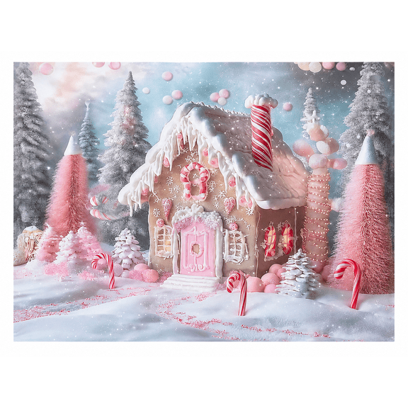 Pink Gingerbread Candy Cottage Winter Backdrop, 210 x 150 cm