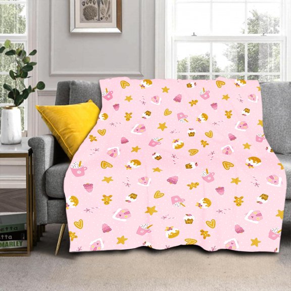 Pink Gingerbread Christmas Blanket Soft Flannel Lightweight Cute Dessert Star Heart Throw Blanket Cozy Warm Blankets Xmas Winter Holiday Home Party Decor On Living Room Sofa Couch Bed 60x80 inch