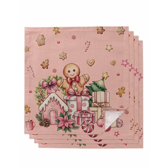 Pink Gingerbread Christmas Cloth Napkins Set of 4 Reusable Dinner Napkins, Xmas Tree Gift House Star Cocktail Napkin Washable Table Napkins for Wedding/Holiday Party/Baby Shower 20"x20"