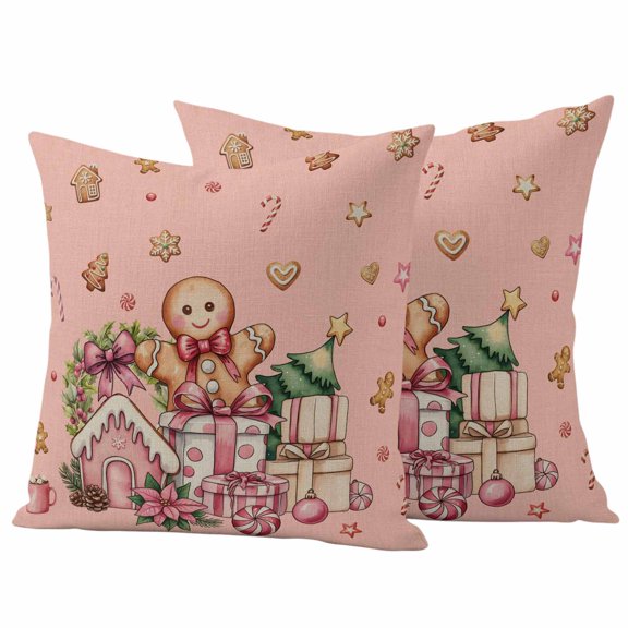 Pink Gingerbread Christmas Outdoor Waterproof Pillow Covers, Xmas Tree Gift House Star Decorative Square Throw Pillowcase Sofa Cushion Sham for Patio/Couch/Chair, 26"x26" 2 Pack